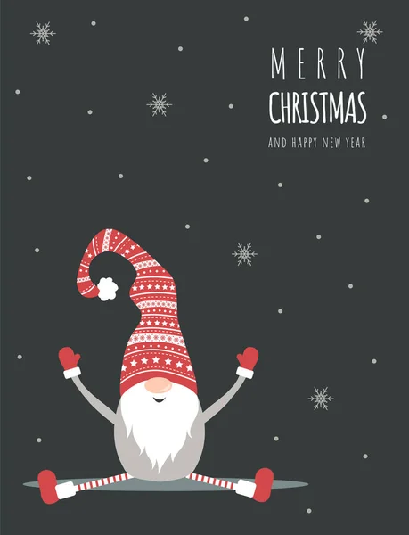 赤い帽子でかわいいスカンディナヴィアのノームを持つクリスマスカード。季節ごあいさつ. — ストックベクタ