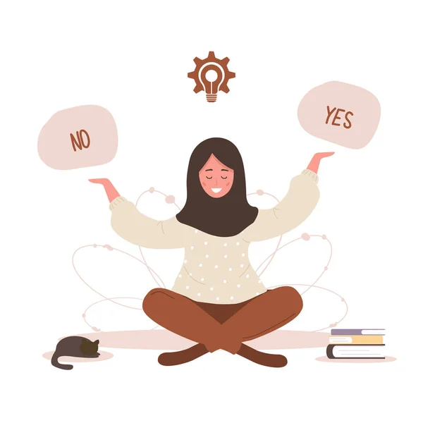 Islamic woman thinking to choose yes or no. Smart girl solving problems. — Stock Vector