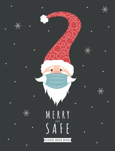 Santa Claus mengenakan masker wajah pelindung melawan coronavirus. Kartu ucapan tahun baru dengan kutipan Merry and Safe. - Stok Vektor