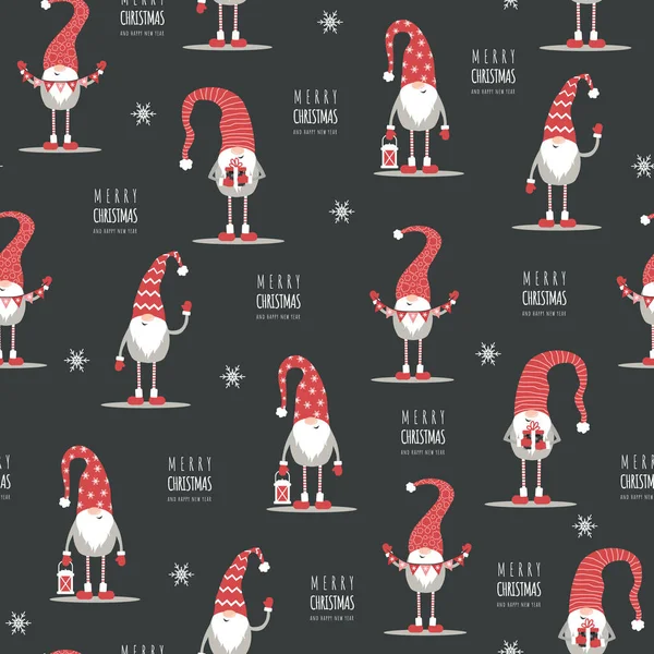 Χωρίς ραφές χριστουγεννιάτικο μοτίβο. Σκανδιναβικά ξωτικά με κόκκινα καπέλα. — Διανυσματικό Αρχείο