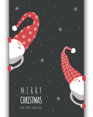 Üzerinde kırmızı şapkalı şirin İskandinav cücesi olan bir Noel kartı. Sezon selamları..