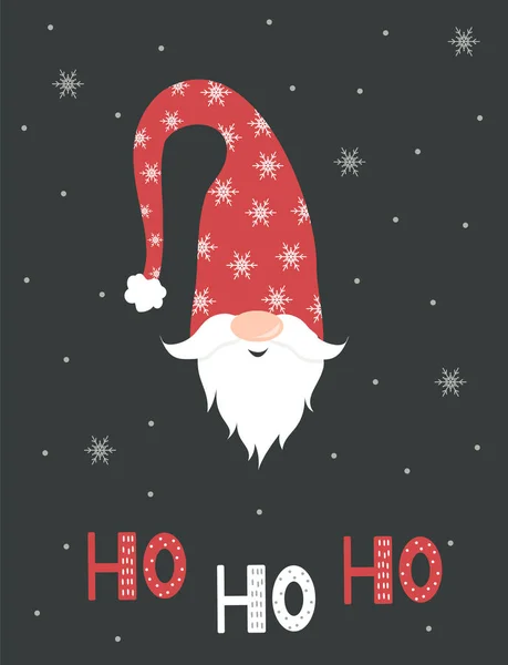 Ho-Ho-Ho Noel tebrik kartı. Kırmızı Noel Baba şapkalı şirin İskandinav cücesi.. — Stok Vektör