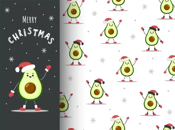 Weihnachtskarte und Muster mit süßer Avocado in Weihnachtsmütze. Saisongrüße. — Stockvektor