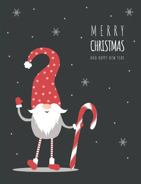 季節の挨拶だ。クリスマスのスキャンディナヴィアカード。かわいいですノームで赤い帽子. — ストックベクタ