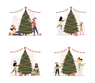 Neşeli insanlar Noel ağacını süslerler. Bir dizi mutlu yeni yıl sahnesi.