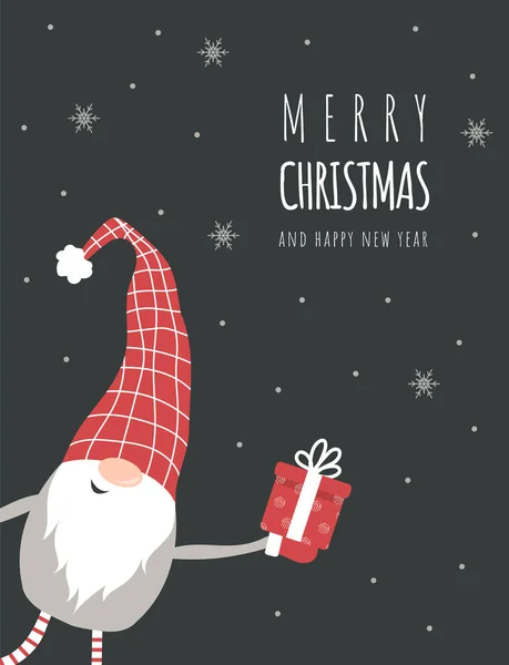 ギフト付きの赤い帽子でかわいい北欧のノームを持つクリスマスカード。メリークリスマスと幸せな新年. — ストックベクタ