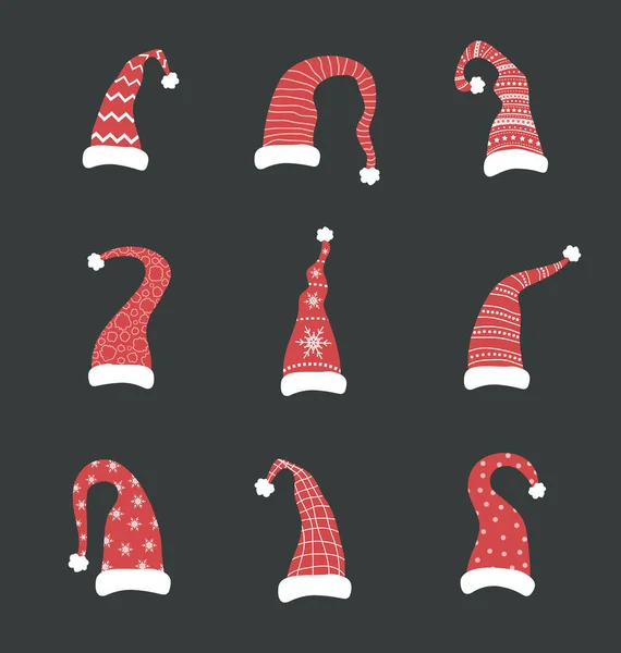 Set roter Weihnachtsmann-Hüte. Elfen Mützen Sammlung. Vektorillustration im Cartoon-Stil. — Stockvektor