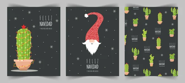 Feliz navidad cards with cute christmas elf and cactuses. Season greetings. — Stock Vector
