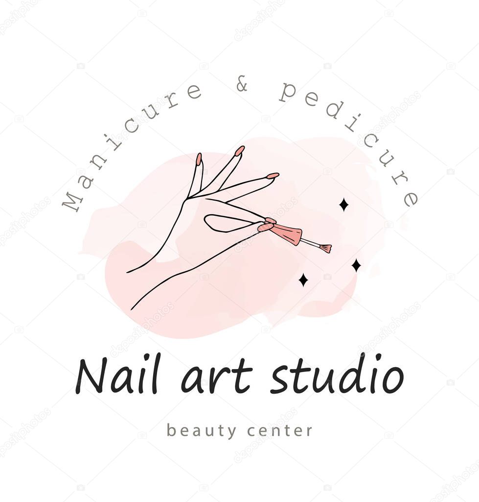 Vector logo template for nail art studio. Modern design for manicure and pedicure salon beauty and spa center. Linear illustration isolated on pink watercolor background.