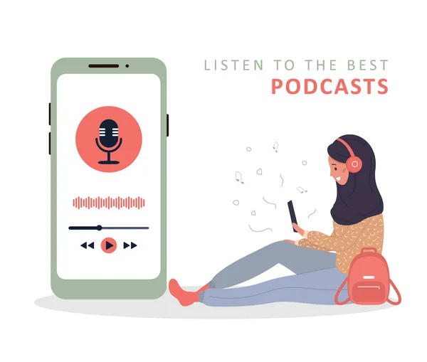 Junge lächelnde islamische Frau mit Headset hört Musik und nimmt Audio-Podcast auf. — Stockvektor