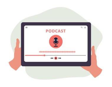 Dijital tablet üzerindeki Podcast uygulaması. Müzik ve ses yayını dinlerken.