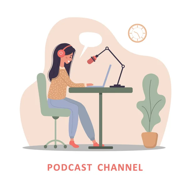 Podcast koncepció. Nő a fejhallgatóban az asztali felvételen audio adás. — Stock Vector