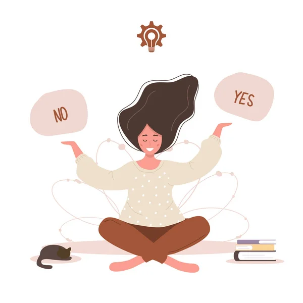 Woman thinking to choose yes or no. Smart girl solving problems. — Stock Vector