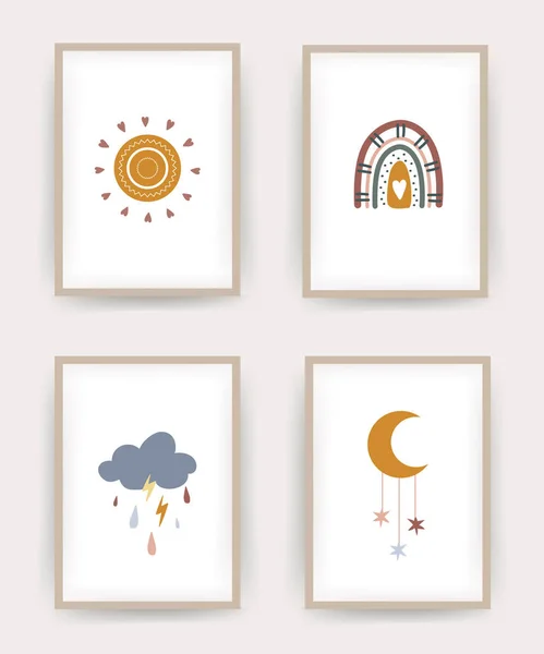 Affiches Boho avec arc-en-ciel, soleil, lune et nuage. Design scandinave pour papier peint et décoration intérieure. — Image vectorielle