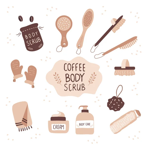 Koffie scrub en massage borstels. Cosmetische cellulitis. — Stockvector