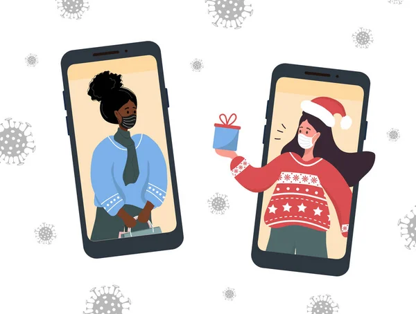 Appel vidéo de Noël. Copines dans les masques de visage partageant des cadeaux en ligne. — Image vectorielle