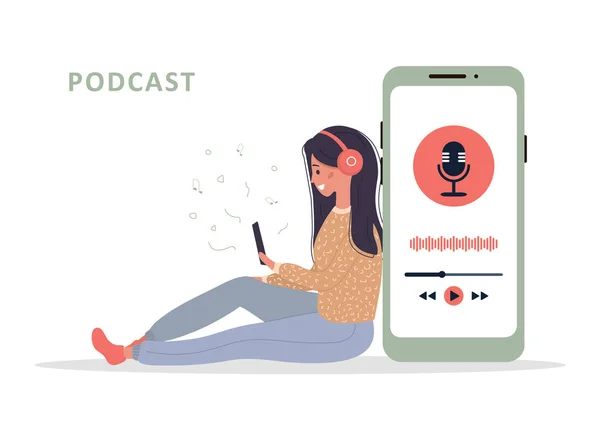 Jovem sorrindo mulher no fone de ouvido ouvindo música e gravação de áudio podcast. —  Vetores de Stock