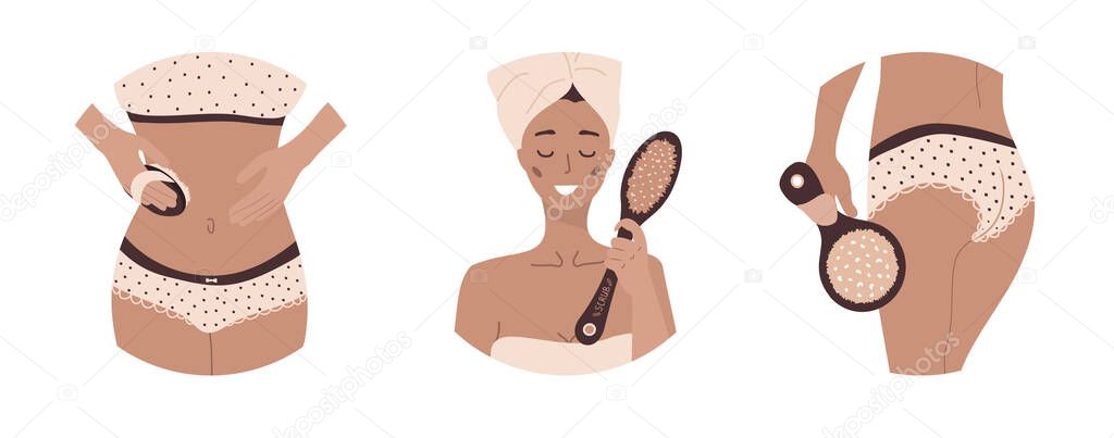 Home body care. Morning routine. Women with wooden cactus brushes.