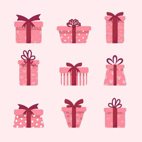 Conjunto de cajas de regalo rosas con lazos y cintas. Feliz día de San Valentín. Linda colección romántica. Ilustración vectorial en estilo plano de dibujos animados. — Archivo Imágenes Vectoriales