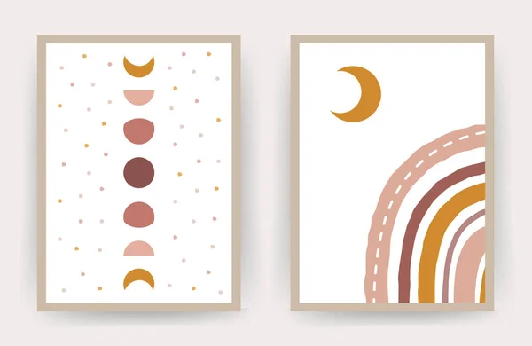 Affiches avec arc-en-ciel abstrait et lune. Design scandinave pour papier peint et décoration intérieure. Fonds géométriques contemporains. — Image vectorielle