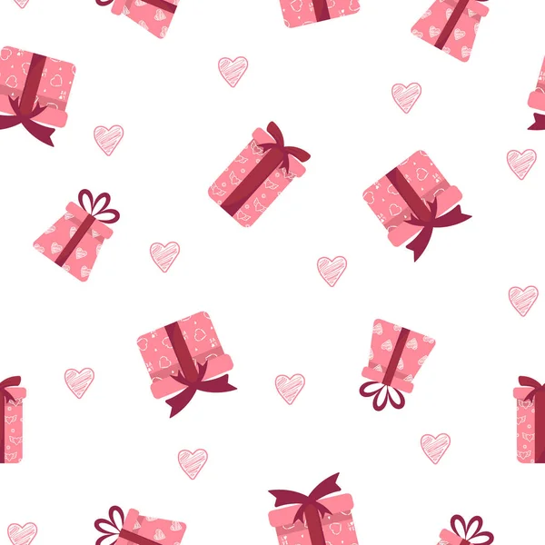 Naadloos patroon met roze geschenkdoosjes met strikjes en linten. Fijne Valentijnsdag. Schattige romantische achtergrond. — Stockvector