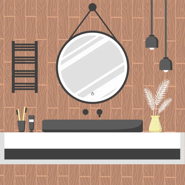 Сучасний інтер'єр ванної в скандинавському стилі. Затишна кімната з підвісним дзеркалом, електричним рушником і чорною раковиною . — стоковий вектор