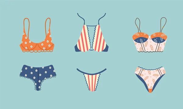 Moderne Damenunterwäsche oder Bademode Set. Trendige, handgezeichnete Unterwäsche oder Bikini-Tops und -Höschen. — Stockvektor