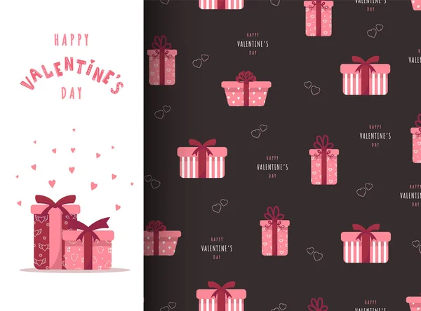 ピンクのギフトボックス付きハッピーバレンタインデーカード。かわいいロマンチックなシームレスなパターン. — ストックベクタ