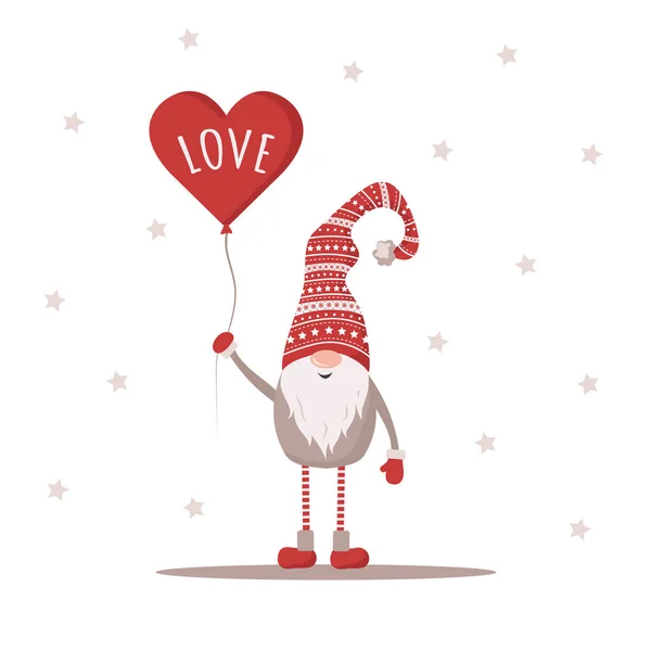 Valentijn kabouter met rode hoed met ballon. Mooie Scandinavische elf. Fijne Valentijnsdag. Ik hou van je. Schattig design concept voor 14 februari. Vector illustratie in platte cartoon stijl — Stockvector