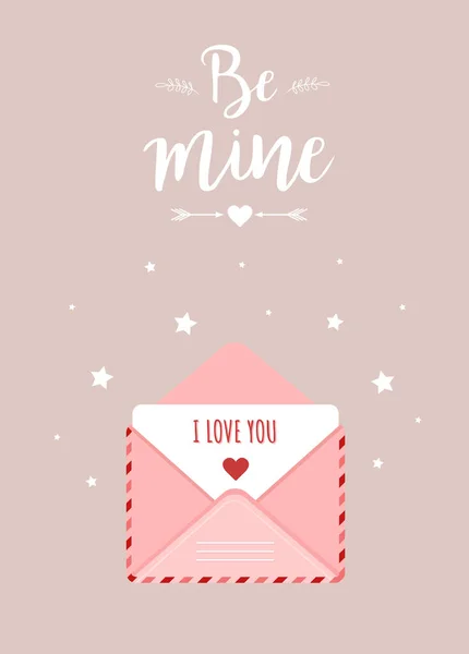 Sevgililer Günü tebrik kartı. Çizgi film tarzında yazılmış pembe bir zarf. İçinde aşk mesajı olan bir mektup. Ben de seni seviyorum. Benim ol. 14 Şubat için şirin bir tasarım. Çizgi film tarzında vektör illüstrasyonu — Stok Vektör