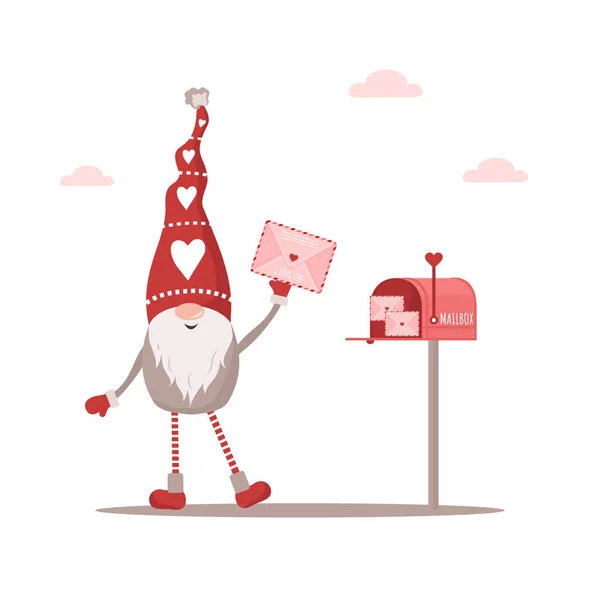 Elfe Saint-Valentin en chapeau rouge avec enveloppe. Courrier avec message d'amour. Joli gnome scandinave. Joyeuse Saint-Valentin. Concept de design mignon pour 14 février. Illustration vectorielle en style dessin animé plat — Image vectorielle