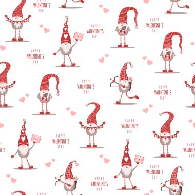 Seamless cute pattern with scandinavian gnomes. Happy Valentines day. Vector illustration in flat cartoon style. Nordic design for postcard, print, textile, wrapping paper, poster clipart