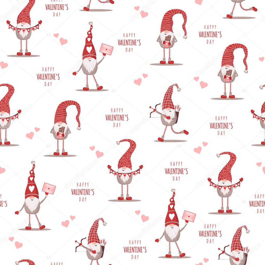Seamless cute pattern with scandinavian gnomes. Happy Valentines day. Vector illustration in flat cartoon style. Nordic design for postcard, print, textile, wrapping paper, poster