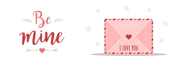 День святого Валентина вітальний прапор. Рожевий конверт встановлений в мультиплікаційному стилі. Пошта з любовним повідомленням. Я тебе кохаю. Будь моїм. Мила концепція дизайну на 14 лютого. Векторні ілюстрації в стилі плоского мультфільму — стоковий вектор