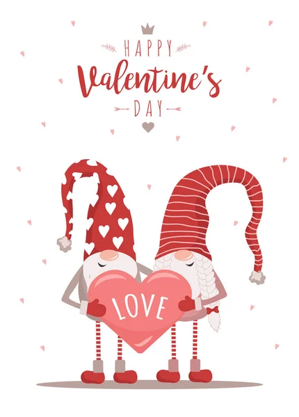 Valentinstag Grußkarte. Niedliche nordische Gnomen in roten Hüten mit Herz. Skandinavisches Designelement für Plakate, Banner, Postkarten, Flyer, Geschenkanhänger und Etiketten. Vektorillustration im Cartoon-Stil — Stockvektor