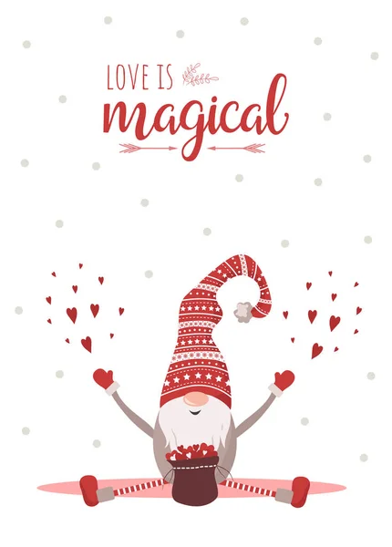 İyi bayramlar. Sevgililer Günü İskandinav kartı. Kırmızı şapkalı şirin cüce. Aşk sihirlidir. Çizgi film tarzında vektör illüstrasyonu. Beyaz arkaplanda Noel kartpostalları — Stok Vektör