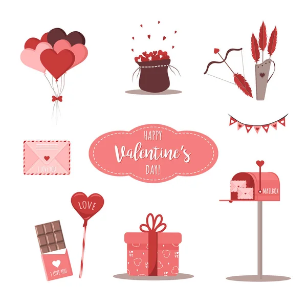 Sevgililer Günü tasarım elementleri, aşk okları, yay, şeker, hediye ve kalp. İçinde aşk mektupları olan posta kutusu. Sevgililer Günü için güzel bir set. Çizgi film tarzında vektör illüstrasyonu. — Stok Vektör
