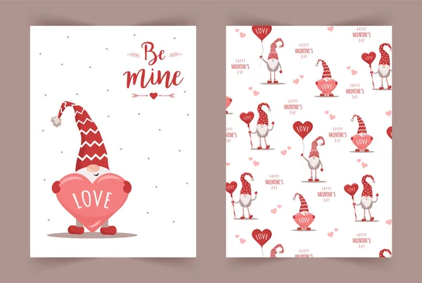 Vector Valentines dagkaarten met kabouters. Wees van mij. Scandinavische schattige elfen in rode wintermutsen op witte achtergrond. Noordse illustratie in platte stijl — Stockvector