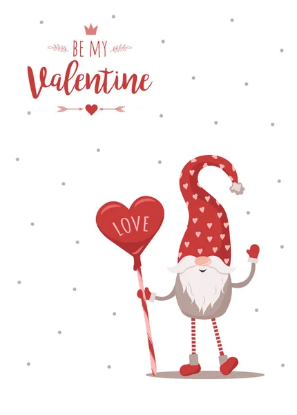 Retro Valentines kort med tomte. Hälsning bakgrund. En skandinavisk söt nisse i röd hatt med godis. Vektorillustration i platt stil. Nordisk design för affischer, flygblad, presentkort och vykort — Stock vektor