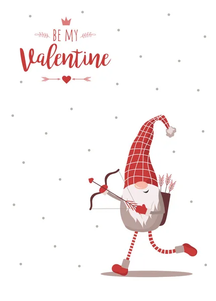 Cartão feliz dia dos namorados com gnomo nórdico bonito em chapéu vermelho com arco e flechas de cupidos. Sê o meu Valentine. Saudações sazonais. Ilustração vetorial em estilo cartoon. Cartão postal vintage escandinavo —  Vetores de Stock