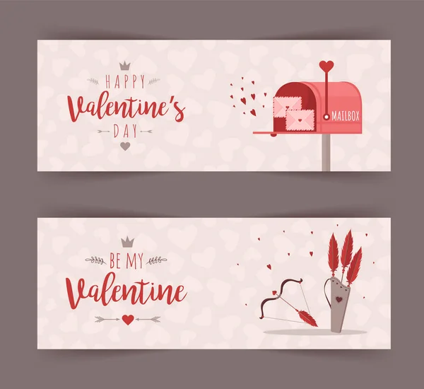 Banner de San Valentín para el diseño de conceptos. Correo con mensaje de amor. Lindos elementos festivos del 14 de febrero. Ilustración vectorial en estilo plano de dibujos animados. Tarjeta de felicitación o póster web — Archivo Imágenes Vectoriales