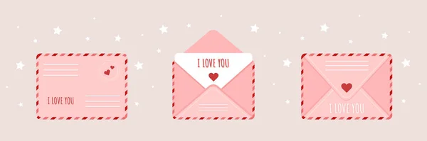 Pink envelope set in cartoon style. Mail with love message. Happy Valentines Day. I love you. — Stock Vector