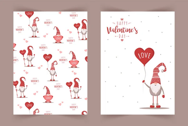 Retro Valentijnskaarten met kabouters. Scandinavische schattige elfen met rode hoed en luchtballon. Vector illustratie in platte stijl. Noordse vormgeving voor poster, flyer, cadeaubonnen en ansichtkaarten — Stockvector