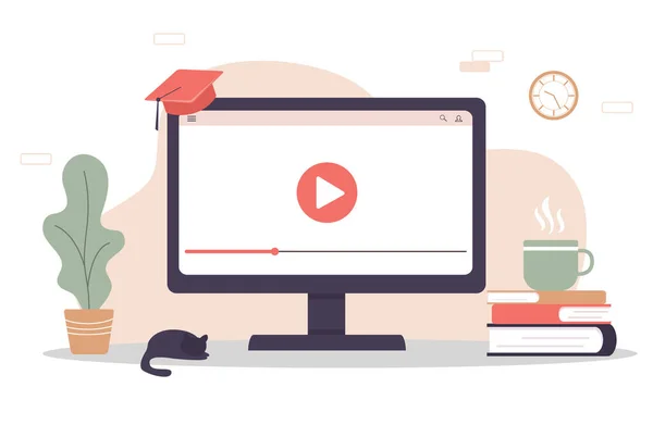 Online-Bildung. Flaches Designkonzept für Schulungen und Video-Tutorials. Vektor-Illustration für Website-Banner, Marketingmaterial, Präsentationsvorlage, Online-Werbung. — Stockvektor