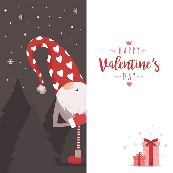 Valentines gnome with big signboard. Holiday greeting card. Cute little elf in red with hearts. Vector illustration in flat style. Nordic design for banner, social media poster and website — Stock Vector