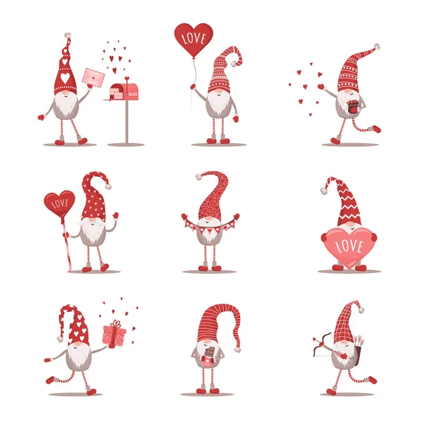 Gnomes de Saint-Valentin en chapeau rouge. Joli elfe scandinave isolé sur fond blanc. Mignons éléments festifs du 14 février. Illustration vectorielle en style dessin animé plat — Image vectorielle