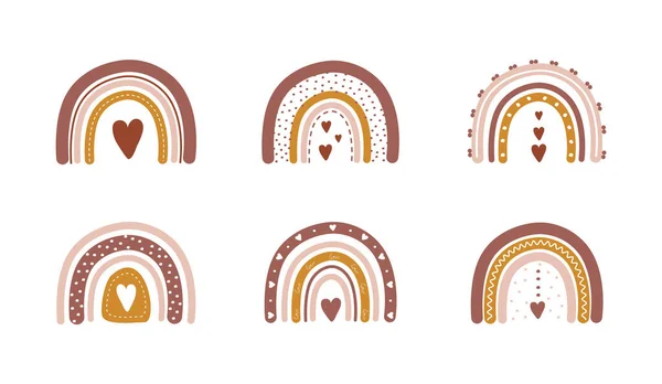 Ουράνια τόξα σε boho στυλ με καρδιές. Βοημίες εικονογραφήσεις για διακοπές. Σκανδιναβικό σχέδιο για ταπετσαρία και διακόσμηση σπιτιού. Σύγχρονη διανυσματική απεικόνιση σε διαφορετικό χρώμα. Ημέρα του Αγίου Βαλεντίνου — Διανυσματικό Αρχείο
