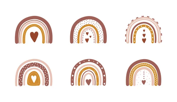 Arcs-en-ciel dans le style boho avec des cœurs. Illustrations bohèmes pour les vacances. Design scandinave pour papier peint et décoration intérieure. Illustration vectorielle moderne en différentes couleurs. Saint Valentin — Image vectorielle