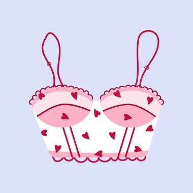 Modern kadın sütyeni. Kalpli şirin pembe sutyen. Ev kıyafetleri. Moda el yapımı iç çamaşırları. Çizgi film tarzında klasik vektör çizimi. Logo, simge ve pankart için uygun