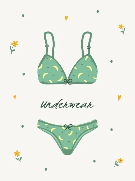 Moderne Damenunterwäsche oder Badebekleidung isoliert auf weißem Hintergrund. Modische, handgezeichnete Unterwäsche oder Bikini-Tops und -Höschen. Vintage-Vektorillustration im flachen Cartoon-Stil — Stockvektor